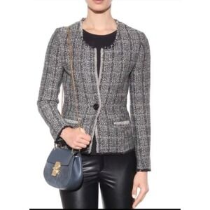 ISABEL‎ MARANT ETOILE Tweed Blazer Jacket Black White Fringe Trim Women Size 36